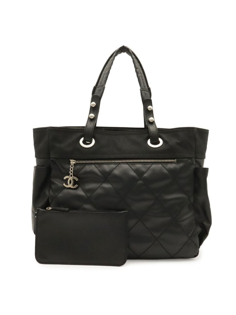 Chanel Paris Biarritz Tote GM Shoulder Bag Black Silver